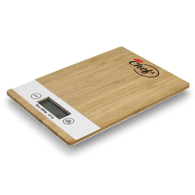 A bamboo kitchen scale with a digital display, featuring a sleek design and a logo on the surface.