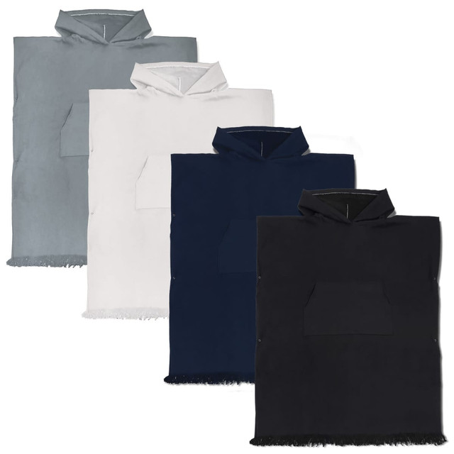 A hooded towel in grey, white, navy, and black, featuring a front pocket and fringed edges. The towel has a logo.