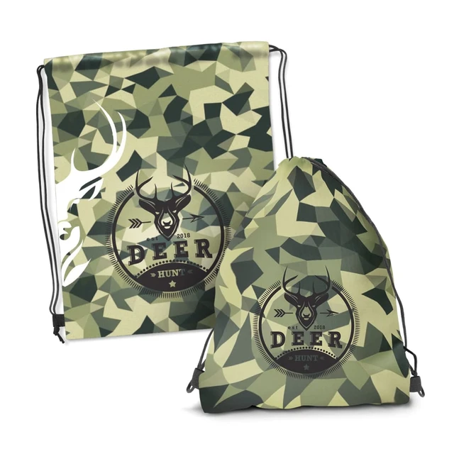 A drawstring backpack in green camo design, featuring a logo and a deer graphic with a geometric pattern.