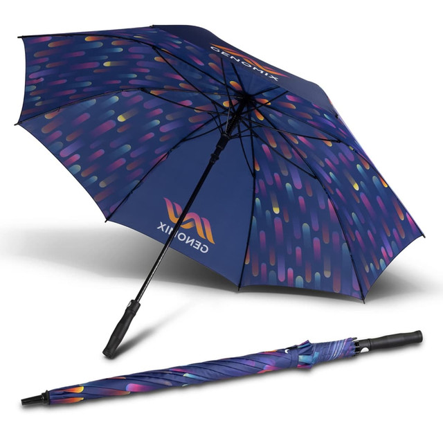 A full colour umbrella with a navy blue background and a vibrant, patterned canopy, featuring a black handle and a logo.
