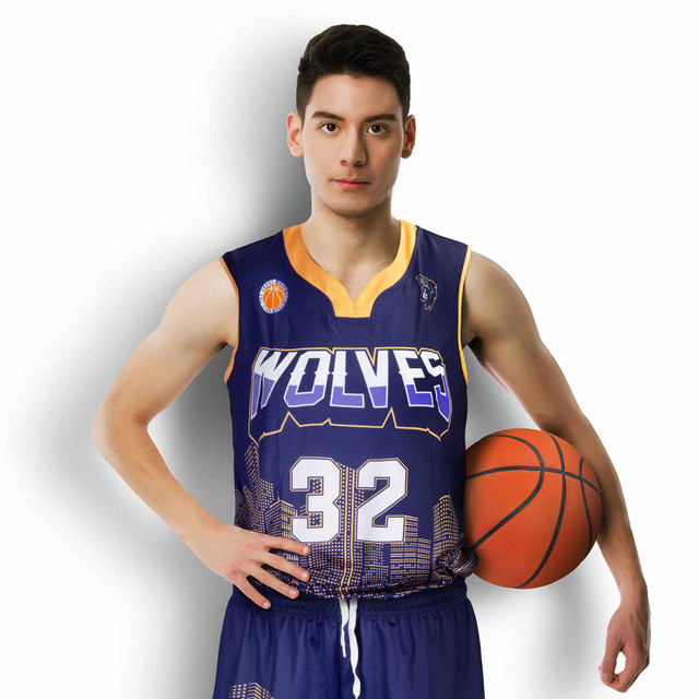 A custom men's basketball top in navy blue with an orange collar, featuring a logo and jersey number.