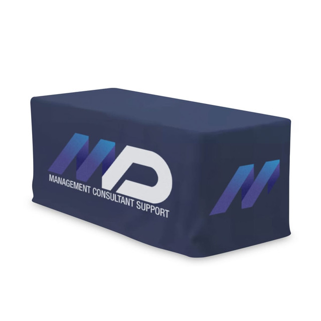 A fitted table cover in dark blue, featuring a logo and company name in white and light blue.