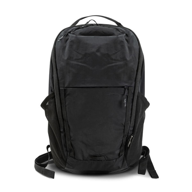 A black daypack featuring multiple pockets, adjustable straps, and a logo on the front.