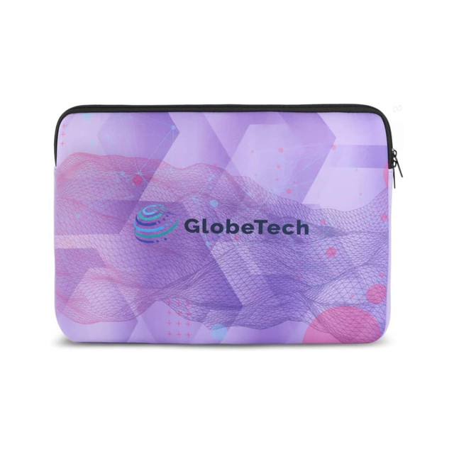 A large laptop sleeve in purple hues features a mesh design and a logo.