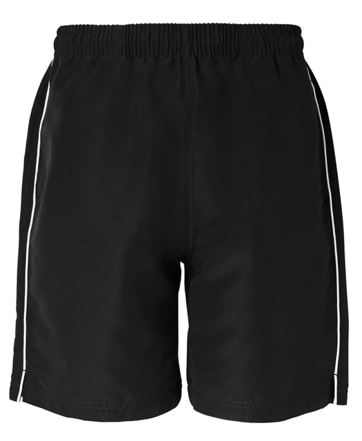 A pair of navy dress shorts with white detailing and an elastic waistband. Features a logo on the garment.