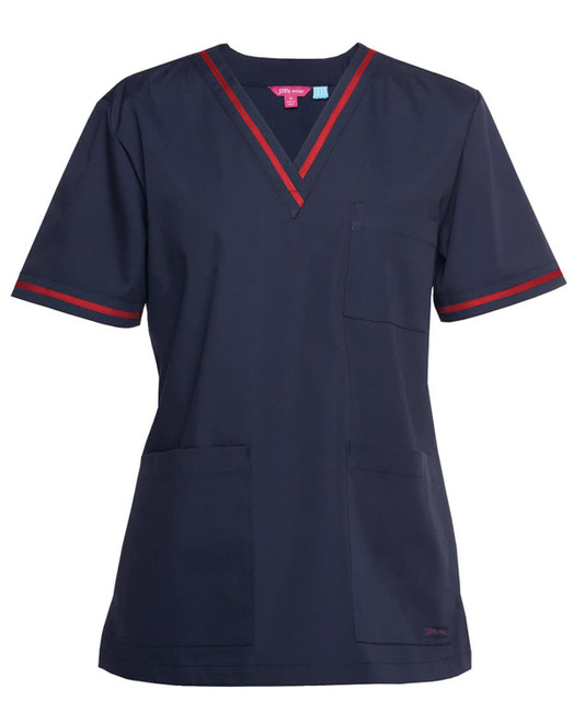 A navy scrubs top featuring short sleeves, red contrast trim, and a pocket on the front. Includes a logo.