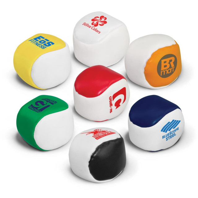 A collection of eight hacky sacks in various colours including red, green, blue, and black, featuring different logos.