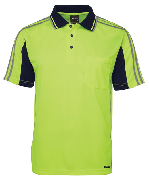 A bright lime and navy polo shirt featuring a pocket and a logo, designed for workwear.