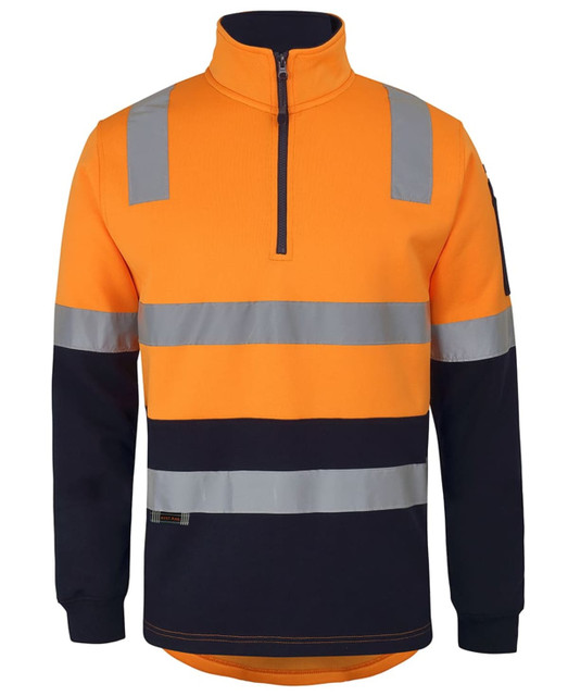 Bright orange and navy fleece sweater with reflective strips and a half zip. Features a logo on the sleeve.