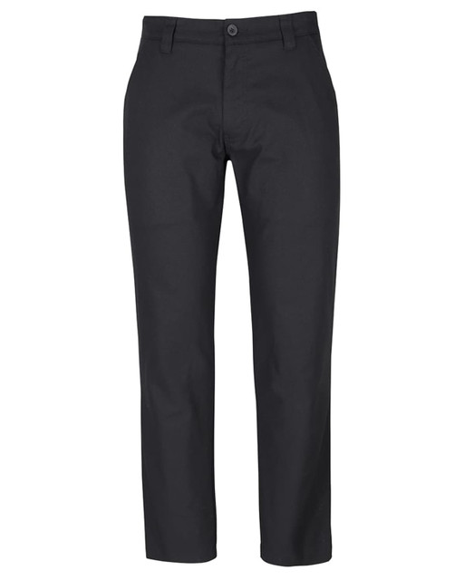 A pair of black trousers made from stretch canvas, featuring a button and zip closure, and styled with pockets.