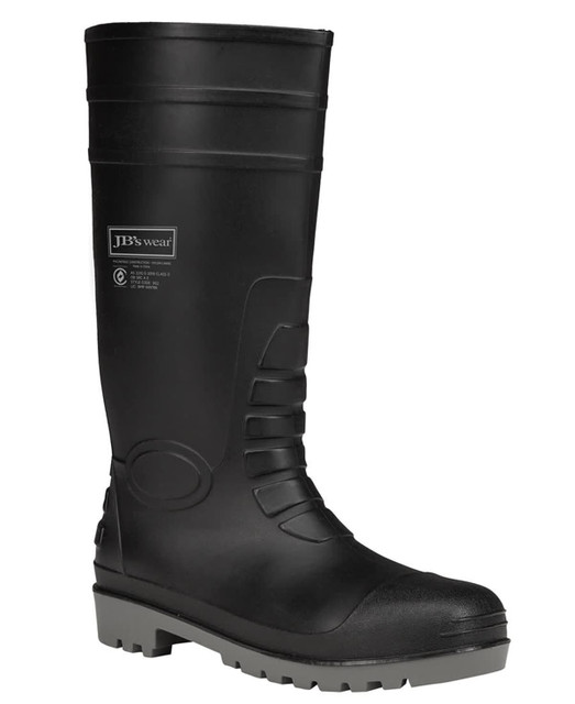 A black waterproof boot with a grey sole, featuring a logo. Designed for durability and functionality.