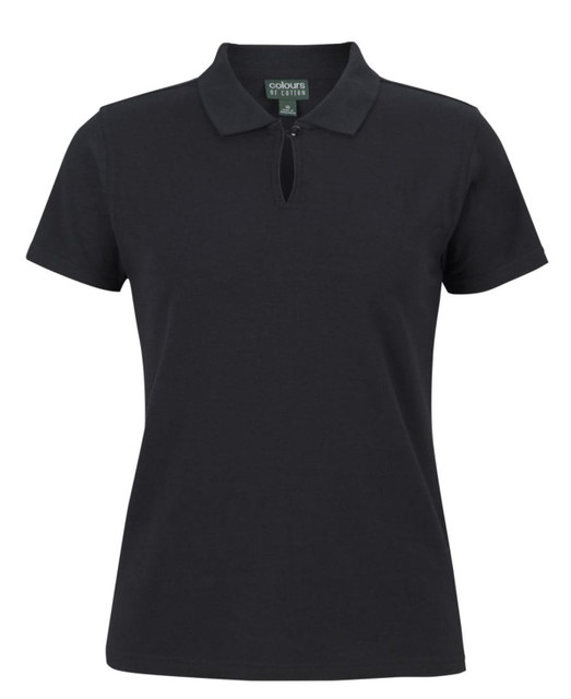 A black ladies' short-sleeve cotton stretch polo shirt featuring a collar and a logo.
