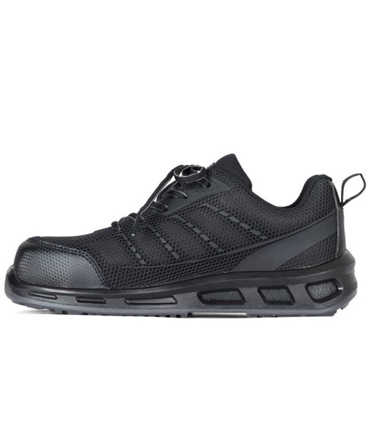 A pair of black safety jogger shoes featuring a breathable design and a built-in logo.