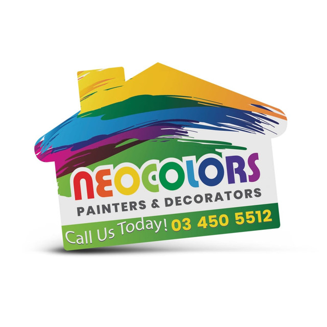 A house-shaped sticker featuring vibrant colours and a logo for a painting and decorating service.