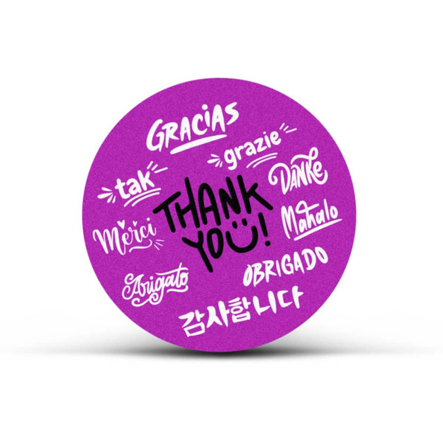 A circular purple sticker featuring the phrase "Thank You" and various translations in different languages.
