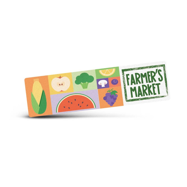 A rectangular sticker featuring colourful illustrations of various fruits and vegetables, including corn and watermelon, with a logo.