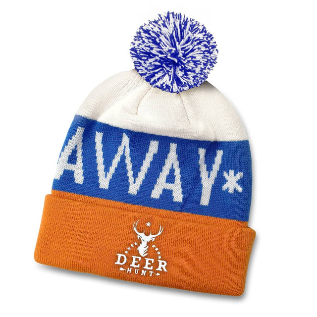 A custom knitted beanie in white, blue, and orange, featuring a pom-pom and a logo.