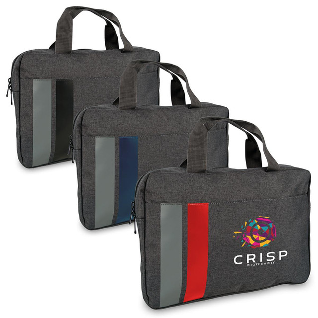 Three grey satchels featuring various coloured stripes and a logo on the front.