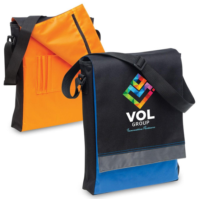 A black and orange satchel with a shoulder strap, featuring pockets and a logo.