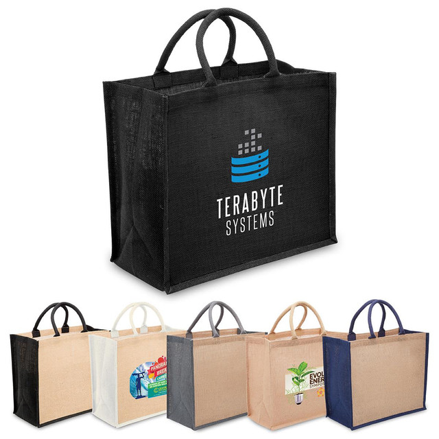 A black jute tote with wide gusset and handles, alongside totes in white, beige, and navy, featuring various designs.