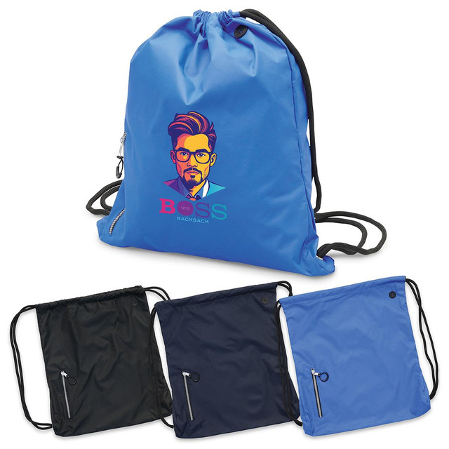 A blue drawstring bag with a logo, accompanied by black and navy versions featuring zip pockets.