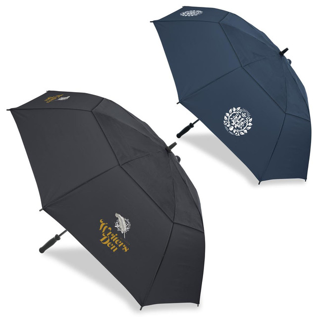 Two umbrellas are displayed, one black and one dark blue, both featuring simple designs and a logo.