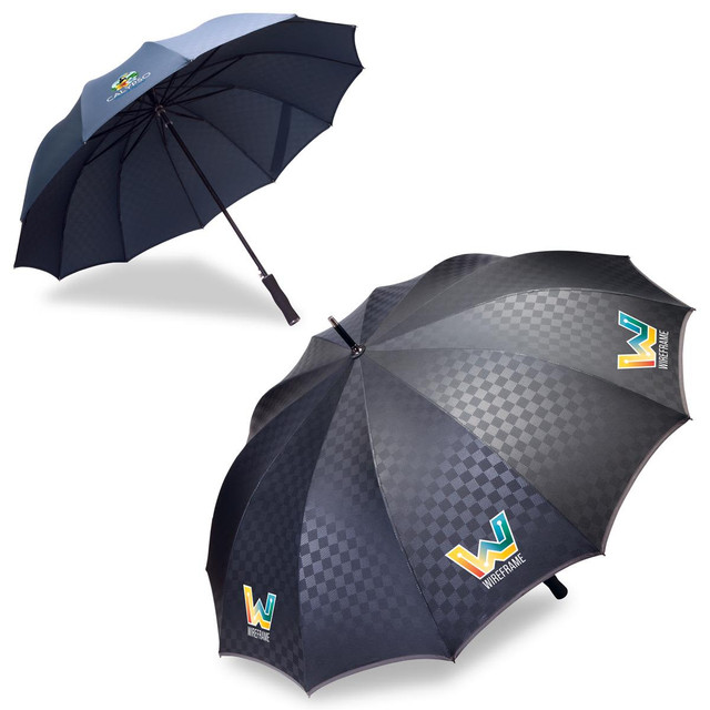 A black umbrella with a checkered pattern and a logo, featuring a curved handle and a sturdy frame.