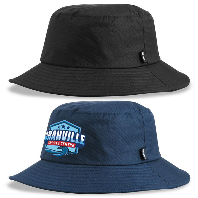 A black and navy blue Vortech Bucket Hat with a logo on the navy version. Two styles are displayed.