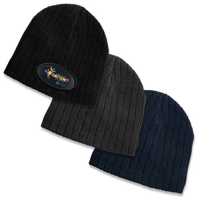A collection of three cable knit beanies in black, olive green, and navy blue, each featuring a logo.