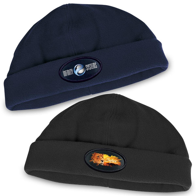 Two polar fleece beanies displayed, one in navy blue and one in black, each featuring a logo on the front.