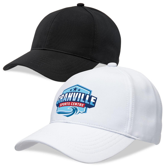 A black and a white cap with a logo, featuring a structured design and curved brims.