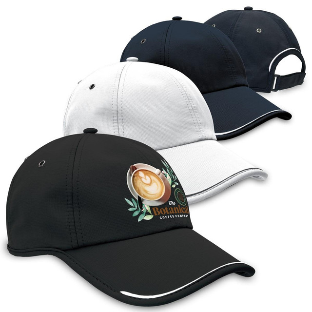 Four caps are displayed in black, white, and navy, featuring a logo on the front of each.