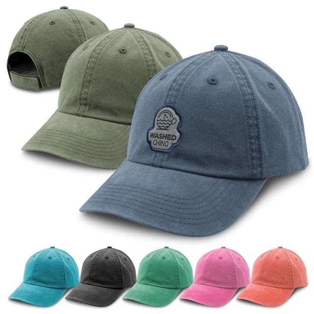 A collection of "Washed Chino" caps in various colours: green, blue, black, teal, pink, and coral, featuring a logo.