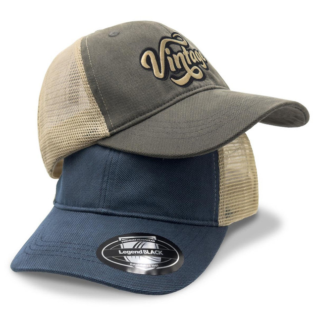 Two caps are displayed, one in olive green with a mesh back and another in navy blue, both featuring a logo.