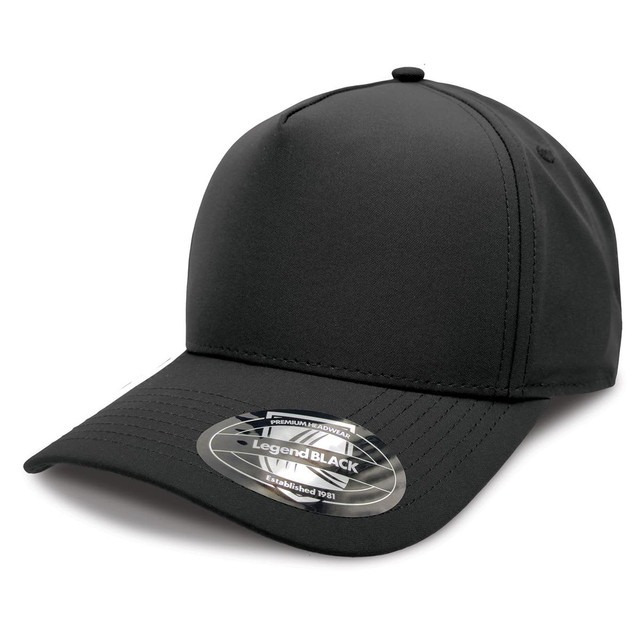 A black cap with a curved brim, featuring a logo and a fitted design.