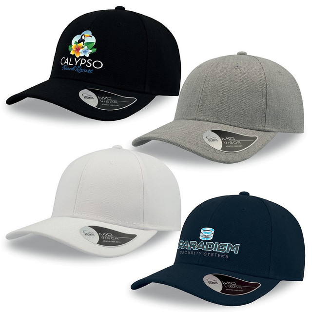 Four caps in black, grey, white, and dark blue, featuring logos and a smooth design.