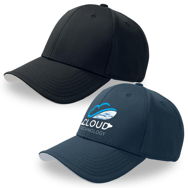 Two caps are displayed: one in solid black and the other in a dark shade with a logo. Both have a classic design.