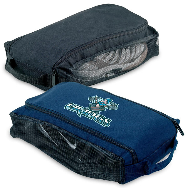 A platform shoe carrier in black and navy, featuring mesh panels and branding. Ideal for transporting shoes.