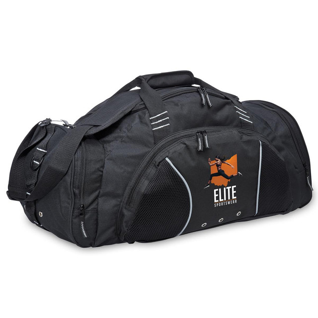 A black travel sports bag featuring mesh panels and a logo. It has dual handles and a shoulder strap for easy carrying.