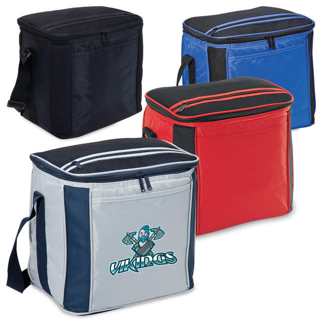 A collection of large cooler bags in black, blue, red, and grey, each with a zippered closure and a shoulder strap.