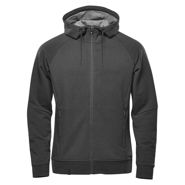 Men's Dockyard Performance Full Zip Hoody in dark grey, featuring a hood and a logo. Ideal for casual wear.