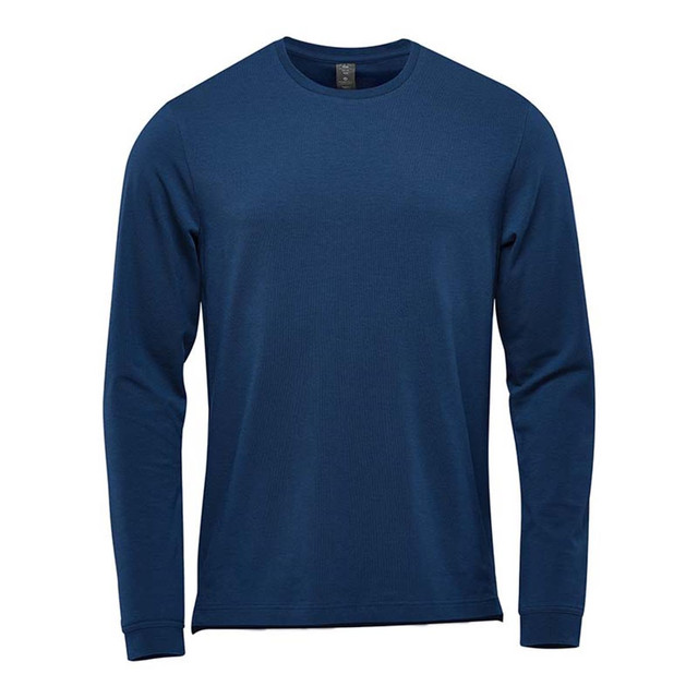A navy long sleeve tee with a crew neckline and a simple design, featuring a logo on the label.