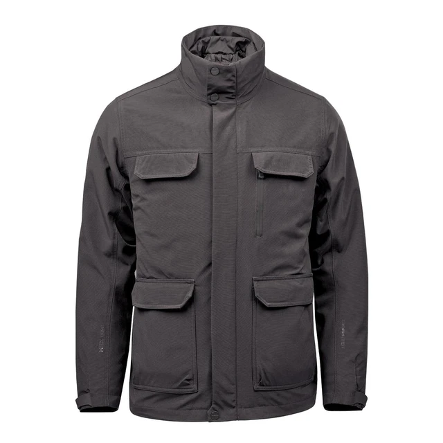 A dark grey men's jacket with multiple pockets and a high collar, featuring a logo on the side.