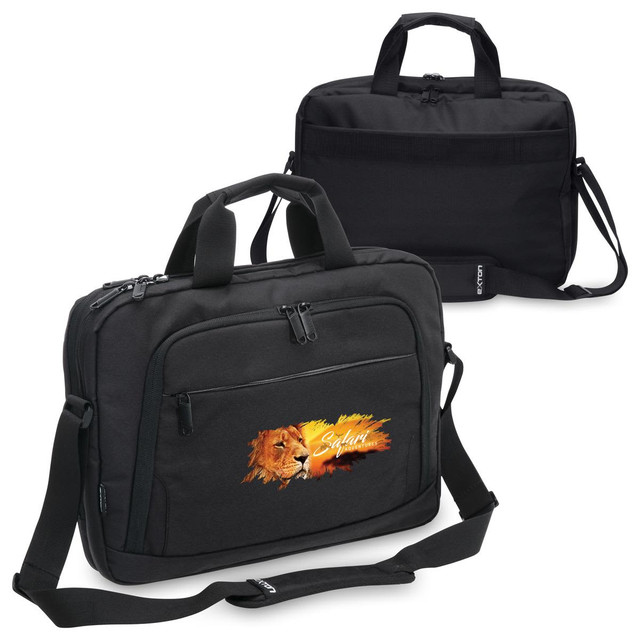 A black laptop bag with a front pocket featuring a lion graphic and detachable shoulder strap.
