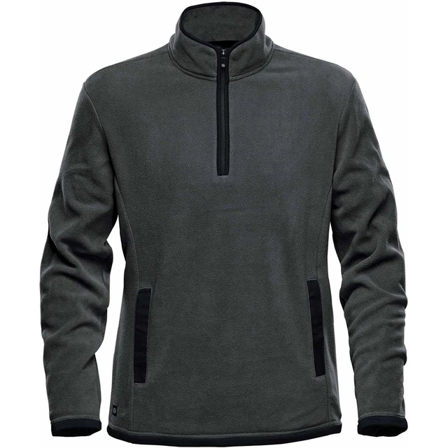 A green men's polar fleece jumper with a 1/4 zip and dark accents, featuring a logo on the chest.