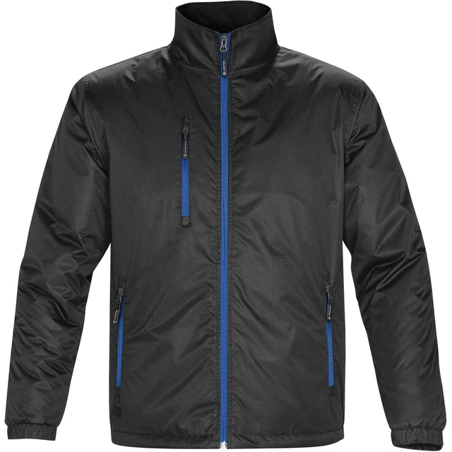 A black thermal jacket with blue zip details and three zippered pockets, featuring a high collar and a logo.