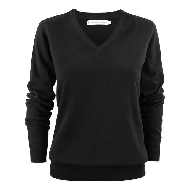 A black women's V-neck sweater with long sleeves and ribbed cuffs, featuring a small logo.