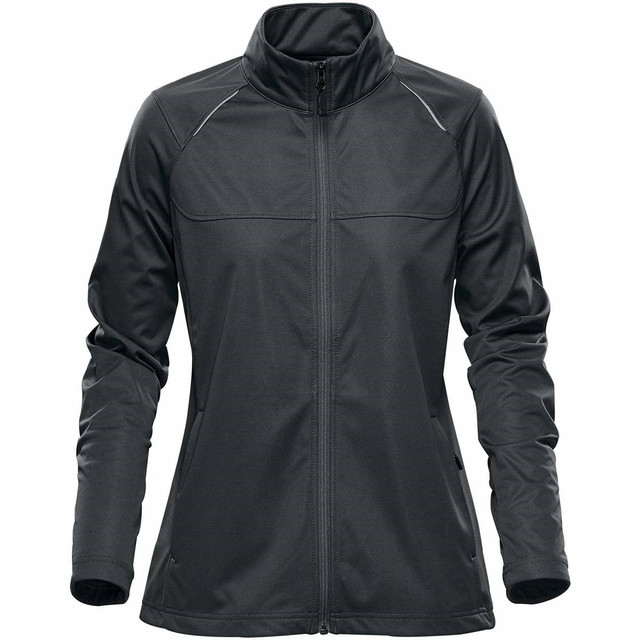 A women's lightweight softshell jacket in dark grey, featuring long sleeves and a zip front, with a collar and branding.