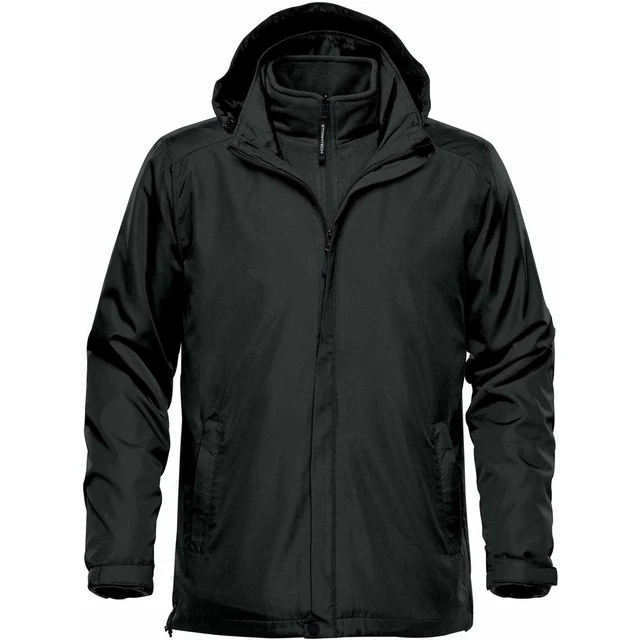 A black Men's Nautilus 3 in 1 Jacket with a hood and zipper, featuring an outer layer and an inner fleece lining.