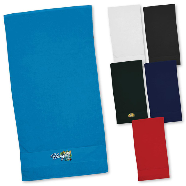 A collection of Terry Velour Towels in various colours: blue, white, black, green, navy, and red, featuring a logo.